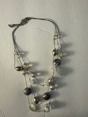 Multi-Strand Silver and Clear Beaded Necklace - Brand Unspecified